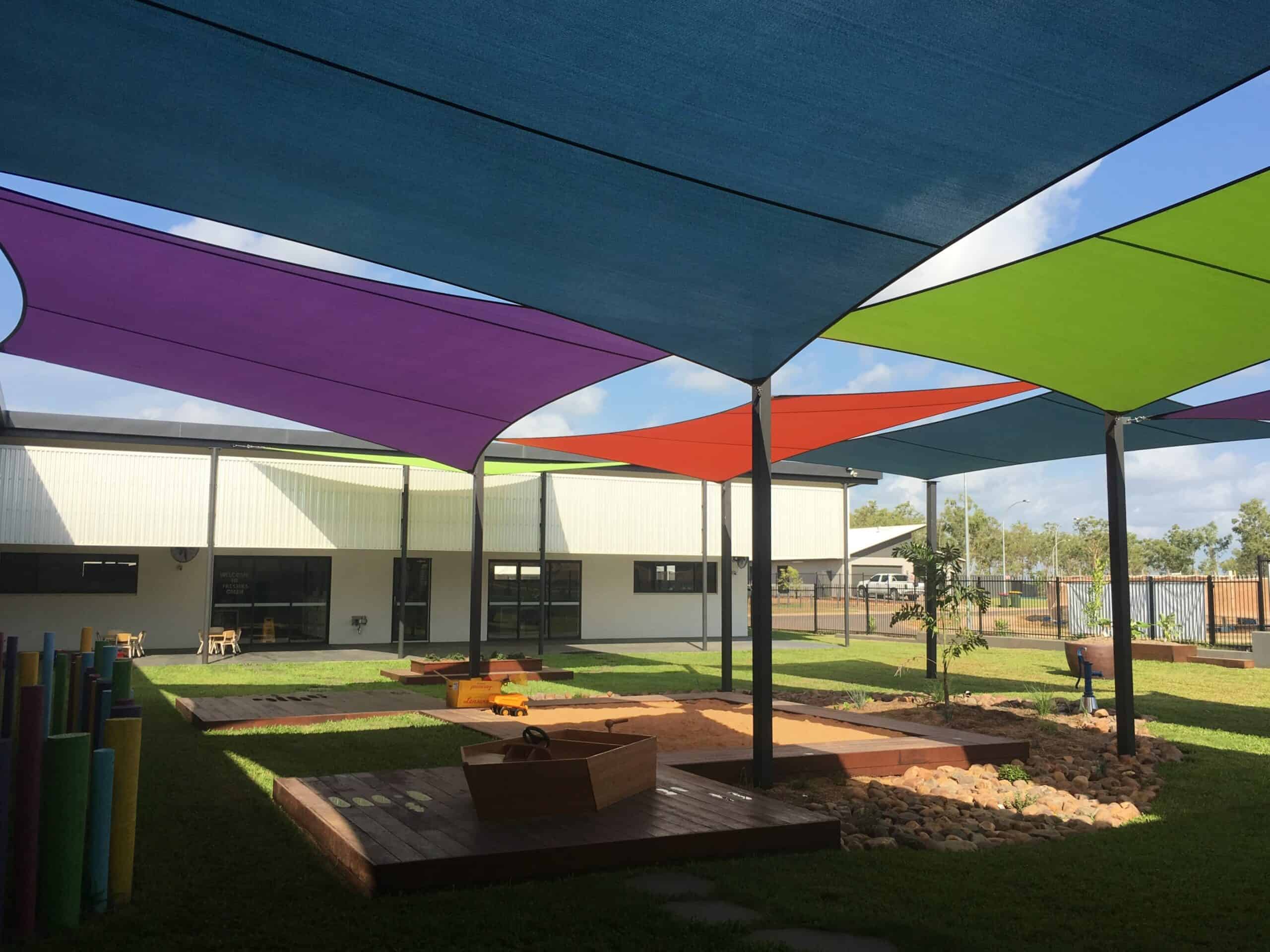 multicoloured overhead covers of an outdoor area